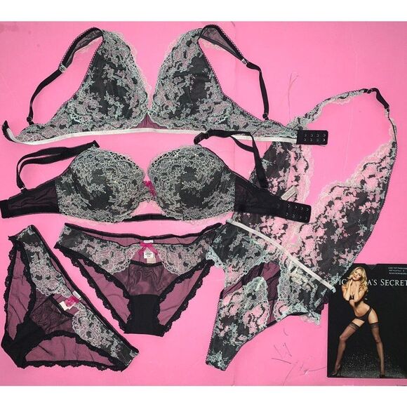 Victoria's Secret 32DDD BRA SET+Panty+BRALETTE+TEDDY Black White Pink Gray lace